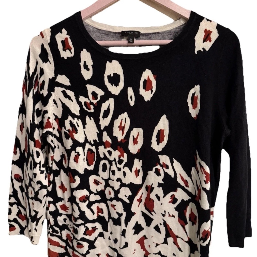 Talbots Leopard Print Pullover Sweater Black Cream Red Graphic Mp Petites